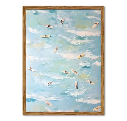 Framed Tiny People Surfing Canvas Wall Art Abstract Blue Coastal Surfer Pictures Wall Decor Funky Summer Ocean Paintings Prints Beachy Home Decor for Living Room Bedroom Dorm 12x16 inch