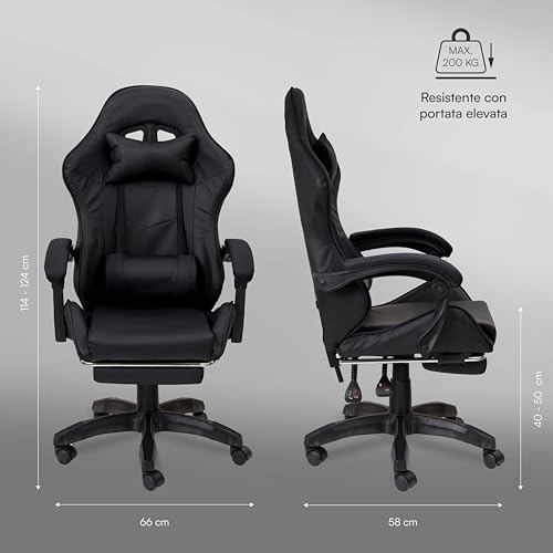 Sedia Gaming Ergonomica con Massaggiatore Lombare, Altezza Regolabile e Schienale Inclinabile, Sedia Ufficio con Comodo Poggiatesta e Poggiapiedi, in Soft Foam, Nero, 58x66x114-124 cm - Sedia gaming - Immagine 2
