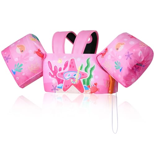 MoKo Chaleco de Natación Niños 9-22,6 kg, Manguitos Flotadores de Natación para Niños con Silbato para Aprender Nadar, Brazaletes de Natación Flotante Niños 3 Años o Más Piscina, Estrella de Mar Rosa