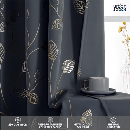 Image of Urban Space 80-85% True Blackout Curtains for Window, Gold Foil Printed Blackout Curtains, Blackout Decorative Window Curtain Eyelet with Tieback, 1 Piece Curtain for Living Room(Leaf Grey, 5 Feet)
