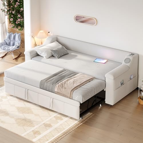 DUlVBPE Cama tapizada sofá cama, 90/180 x 190 cm, reposabrazos anchos y gruesos, con sistema estéreo Bluetooth inteligente con puerto de carga USB, con compartimentos de almacenamiento, con somier