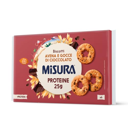 Misura Protein Biscotti con Gocce di Cioccolato e Fiocchi di Avena - Ricchi di Proteine Vegetali, Farina da Filiera Italiana, Confezione in Carta Certificata FSC, 6 Porzioni da 6 Biscotti