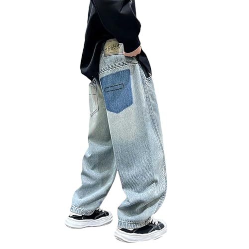 Boys Baggy Washed Jeans Wide Leg Fall Casual Streetwear Denim Pants Kids Soft Back Pockets Elastic Waist Jeans Trousers