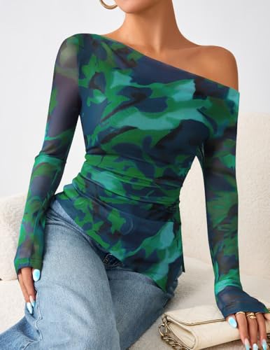 ZESICA Women's Floral Mesh Long Sleeve Going Out Tops 2025 Fall Sexy Off The Shoulder Blouse Asymmetrical Date Night Shirts3