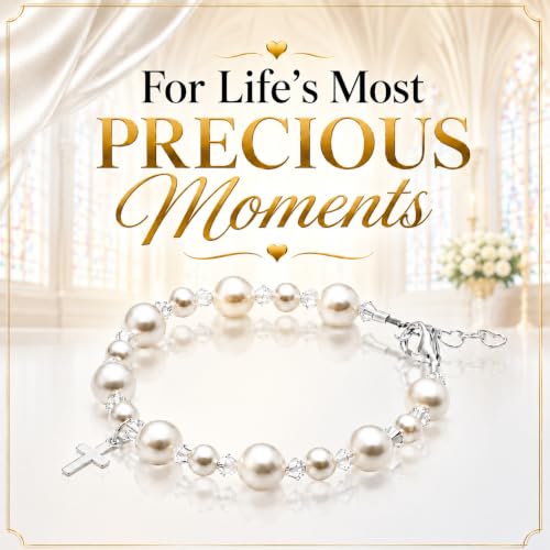 Image of Baby White Pearl Bracelet, Sterling Silver Cross Charm Baptism Gifts for Girl
