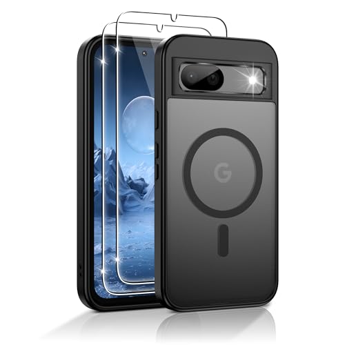 Jshru Magnetic for Pixel 8A Case Compatible with Magsafe with HD Screen Protectors X2 [Durable & Sturdy] Slim Translucent Protective Cover Google Pixel 8A-Black