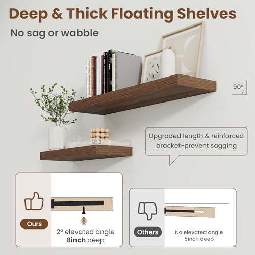 Image of 72 Inch Floating Shelves for Wall, 8 Inch Deep Floating Shelf for Storage & Display, Rustic Wall Mounted Shelf with Invisible Brackets for Living Room, Kitchen, Bathroom, Home Decor, Set of 2, Walnut