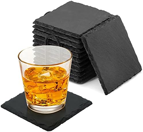 12 Pack Slate Stone Coaster, Square Coaster with Holder Handmade BUYAOBL Stone Coasters Modern Coasters for Bar Kitchen Home Decor, 4" Inches in Diameter, Slate Coasters Bulk (Black)