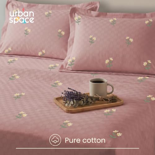 Image of Urban Space 100% Cotton 300TC Jacquard Embroidered bedsheets for King Size Bed, Pure Cotton King Bedsheet, Checks bedsheet King Size with 2 Pillow Covers (108 inch x 108 inch, Neerja Dusty Pink)