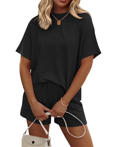 Image of Ekouaer 2 Piece Sets for Women Matching Lounge Sets Summer Outfits | Casual Loungewear, Ribbed Loose Set, Short Sleeve Shirt and Shorts, Crewneck, With Pockets