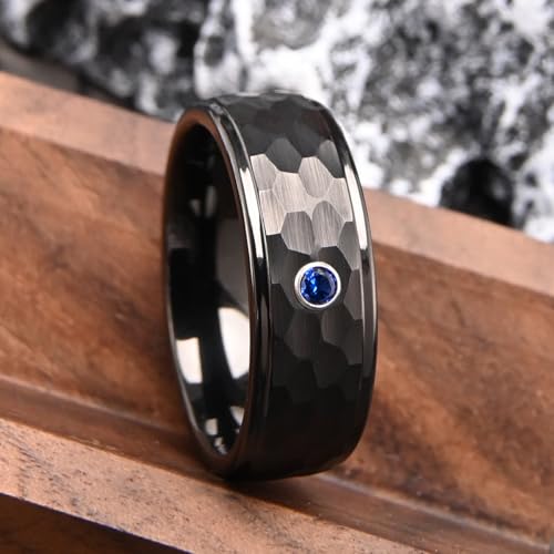Tungsten Carbide Rings for Men Women 8mm Black Hammered Inlaid with Blue Zirconia Men's Engagement Wedding Bands Matte Brushed2