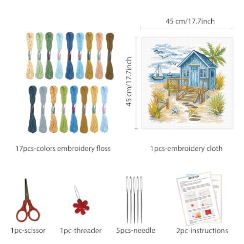 Image of FREEBLOSS 11CT Cross Stitch Kit Stamped Cross Stitch Craft Kit with Stitching Guide for Beginners Beach House Embroidery Set Crossstitch Wall Hanging Set 17.7x17.7inch