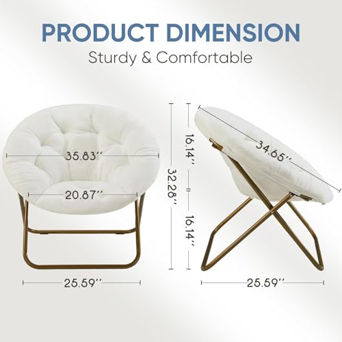 Image of Simple Deluxe Saucer Chair, Round Foldable Reading Chairs, X-Large Size Cozy Papasan Chair, Comfy Furry Padded Moon Chair, Round Dorm Chairs for Bedroom Living Room, White