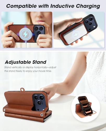 Étui portefeuille iPhone 17 Pro Max magnétique amovible anti-RFID zippé brun