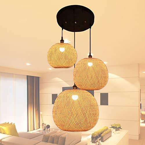 GWY Bamboo Light Fixtures, 3 Headlights E26 E27 Retro Rustic Bamboo Wicker Rattan Chandelier Ceiling Hanging Light for Living Room Bedroom Farmhouse Restaurant Cafe Teahouse Bar Dining Room Club