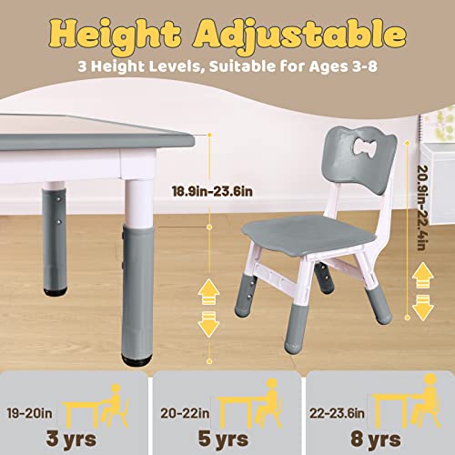 Image of FUNLIO Kids Table and 4 Chairs Set, Height Adjustable Toddler Table and Chair Set for Ages 3-8, Easy to Wipe Arts & Crafts Table, for Classrooms /Daycares /Homes, CPC & CE Approved (5-Piece Set) - Gray