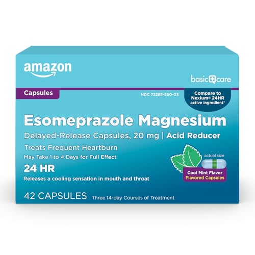 Image of Amazon Basic Care Esomeprazole Magnesium Delayed-Release Capsules 20 mg, Acid Reducer, Treats Frequent Heartburn, Cool Mint, 42 Count (3 Packs of 14)