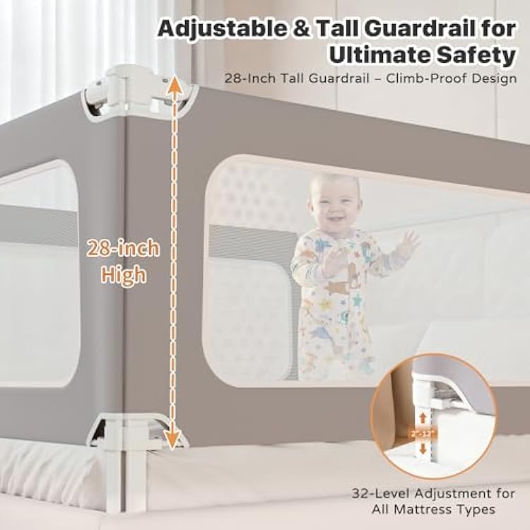 MagicFox 3 Piece Twin Size Bed Rail for Toddlers, Upgraded Height Adjustable Baby Bed Rail Guard, Thickened Child Safety Bed Rails for Twin Size Beds (74.8x74.8x39 Gray)