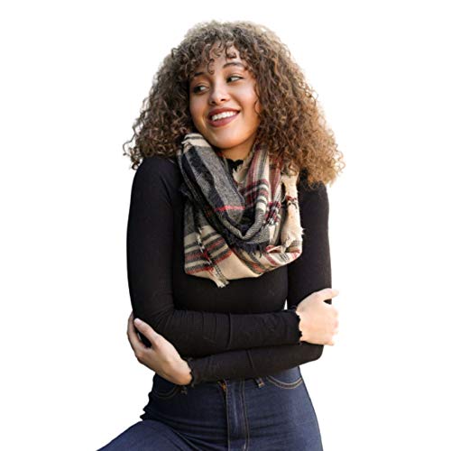 Infinity Scarf for Women Lightweight Plaid Knitted Frayed Edge Plum Feathers Premium Cashmere Feel Scarves for All Season (Khaki)