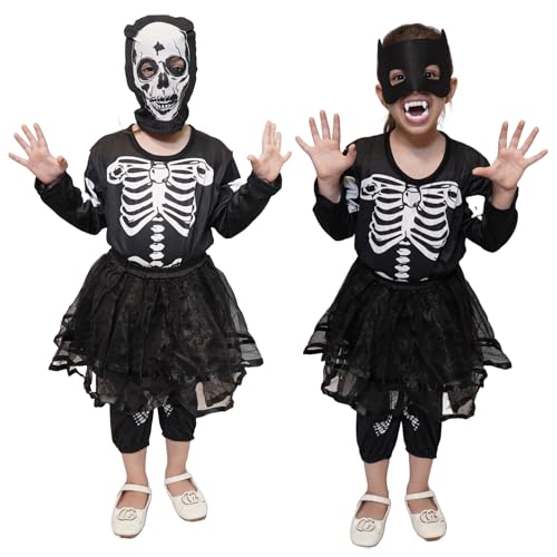Image of Kaku Fancy Dresses Polyester Skeleton Girl Costume Halloween Dress For Kids Costume -Black, 7-8 Years