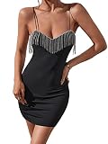 SweatyRocks Women's Spaghetti Strap Cami Dress Rhinestone Fringe Bodycon Mini Dresses Black S