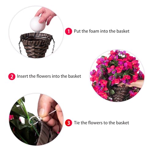 Image of Artificial Bougainvillea Faux Flowers Plants Baskets for Outdoor Outside Decoration, 3PCS Fake Silk Flowers Long Trailing Vines UV Resistant Realistic for Front Door Porch Patio (PurpleHotpink)