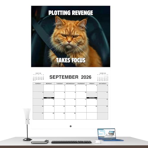 Hobngmuc おもしろ猫カレンダー 2026年 | Angry Cats カレンダー 12か月~2026年1月~12月 学校/オフィス/リビングルーム/自宅/家族のスケジュールに