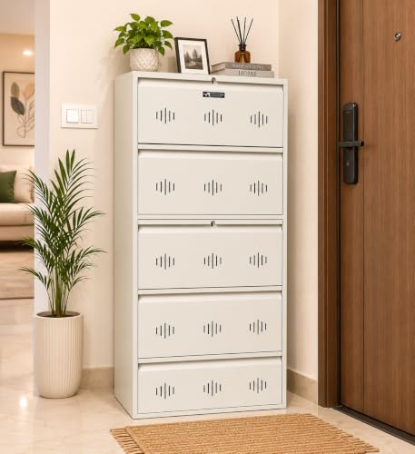 Image of StayHappy 5 Door Wall Mounted Shoe Rack | Metal Shoes Rack for Home with Dual Lock | Wall Mount Chappal Sandal Shoe Organizer | MS Steel Wall Mounted Shoe Rack. (White, 5 Door)