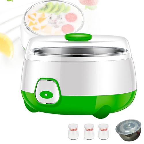 POCDUUA Yogurtera Automática con Revestimiento De Acero Inoxidable De 1 L Y 3 Botellas De Vidrio - Control De Temperatura Constante De 42 °C Y Tapa De Doble Sellado para Postres, Yogur, Queso,Green