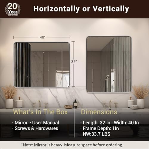 Image of ANDY STAR 40x32 Inch Chrome Mirror for Bathroom, Chrome Bathroom Vanity Mirror, Rounded Rectangle Mirror, Anti-Rust SUS304, Seamless Tube Metal Frame, 1'' Deep Wall Mounted Vertically /Horizontal