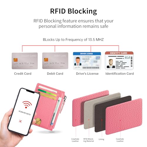 Image of Slim Wallet for Women Small Leather RFID Blocking Credit Card Holder Minimalist Front Pocket Wallet with Coin Purses & Pouches,Rose Pink