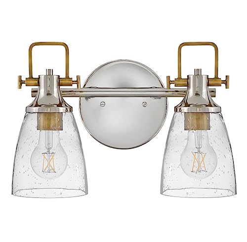 Image of Hinkley Easton Two Light Bath Vanity Fixture, Modern Industrial, Clear Seedy Glass Shade, Mounts Up or Down, Polished Nickel and Heritage Brass