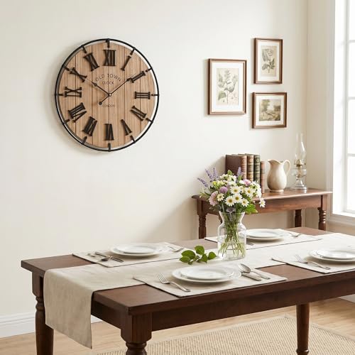 Image of EMAX HOME Inch Modern Farmhouse Wall Clock, Warm Wood-Tone Dial with Black Metal Outer Ring, Silent Non-Ticking Quartz Mechanism, Raised Roman Numerals for Bedroom, Nursery, or Living Room Wall Art