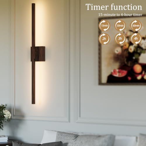 Image of Rayogale Walnut Battery Operated Wall Sconce with Remote Control 40 Inch | 3000 /4500 /6000K Dimmable 8000mAh Wireless Rechargeable Wall Sconces Set of Two with Timer for Living Room, Bedroom, TV