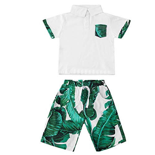 Baby Boys' Summer Organic Cotton Clothes Set 1-5T Little Kids Toddler Short Sleeve T-Shirt Tops+Leaves Print Shorts 2Pcs Outfits (Green, 12-18 Months)