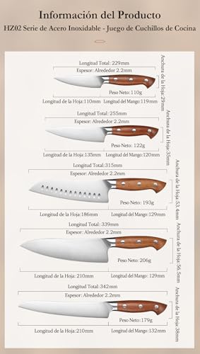 HEZHEN Juego de Cuchillos de Cocina 5 Piezas, Set Profesional de Cuchillos de Chef de German en Acero Cuchillo Santoku，Universales Cuchillos de Trinchar, Mango Ergonómico de Madera de Redwood - imagen 5