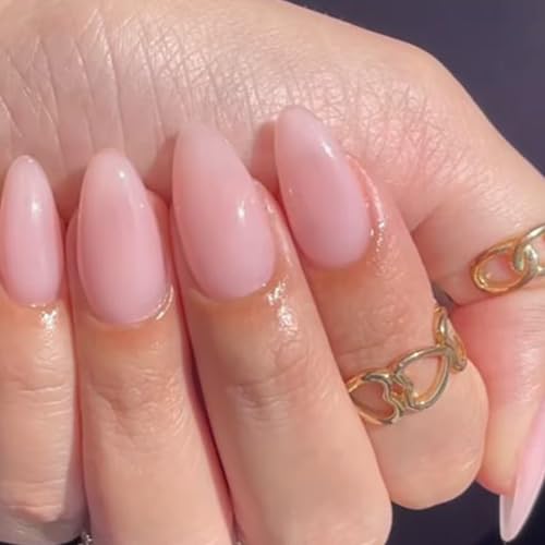GLAMERMAID Nude Pink Press On Nails Short Almond, Natural Pure Pink Handmade Soft Jelly Gel Fake Nails Tip, Neutral Glossy Round Oval Stick Glue on Nails Kit for Women, Reusable Acrylic False Nail Set