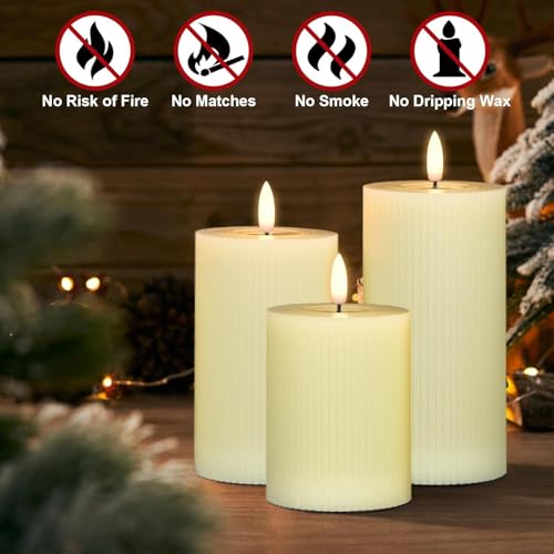 Image of coku Set of 3 Flameless LED Pillar Candles, Real Wax Flickering Moving Flame Candles, Battery Operated Smokeless Safe Decorative Candle for Home, Bedroom, Wedding, Party, Diwali, Christmas & Gifts