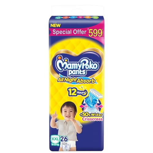 Image of MamyPoko Pants All Night Absorb|Pant Style Baby Diapers XX- Large Size(XXL),26 Count, For 15-25 Kgs|+50% Wider And Repeated Absorption For All night 12hr Protection From Leakage,Prevents Heaviness