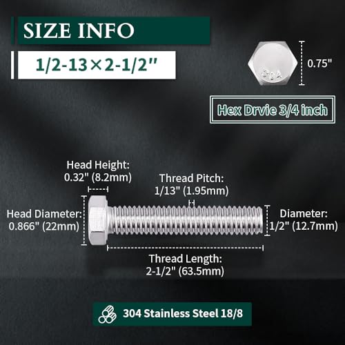 Image of 1 /2-13 x 2-1 /2 inch Hex Head Bolts Screws, 304 Stainless Steel 18-8, Fully Threaded, Hexagon Head Cap Bolts Screws, Coarse Thread UNC, 5 PCS