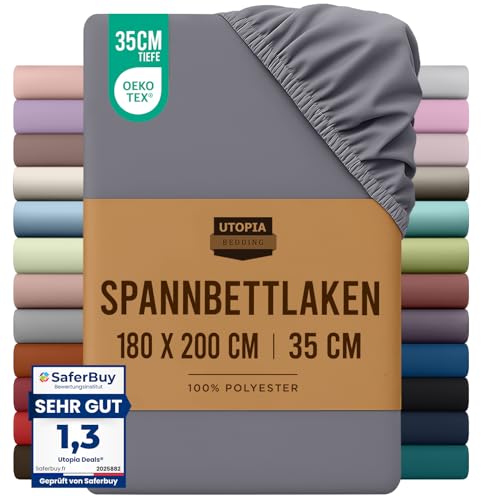 Utopia Bedding - Spannbettlaken 180x200cm - Grau - Oeko-Tex Zertifiziertes Gebürstete Polyester-Mikrofaser Spannbetttuch - 35 cm Tiefe Tasche