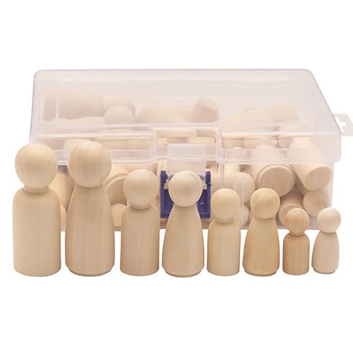 Wooden Peg Doll Bodies Set 50 Pieces 4 Sizes (35-65mm) Natural Unfinished Wood Figures with Storage Box for DIY Crafts
