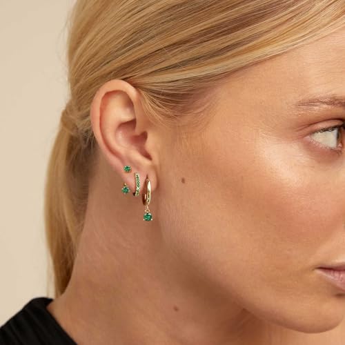 RIOSO 3 Pairs Birthstone Earring Set for Women Gold Hoop Stud Earring Stack 3 Holes Non Tarnish Dainty Earrings Set for Multiple Piercing