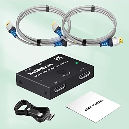8K DisplayPort Switch with 2Pcs DP 1.4 Cables 6ft, BolAAzuL DP1.4 Switcher Converter Bi-Directional 8K@30Hz 4K@120Hz 2K@144Hz DP Splitter 2X1/1X2 + 8K Displayport Cables for Multiple Source Displays