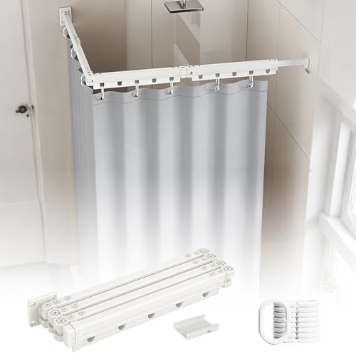 Tringle à rideau de douche pliable angle réglable fixation murale avec rideau