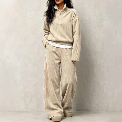 Aniywn Womens Sweatsuits 2 Piece Set Half Button Corduroy Travel Outfits | Tracksuits For Women Set Y2k Fall Matching Lounge Set Travel Clothing Stand Collar Half Button Top Wide Leg Pant Tracksuit - image 2
