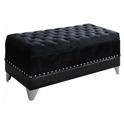 Coaster Home Furnishings - Barzini - Velvet Storage Bench with Button Tufting, Nailhead Trim and Chrome Steel Legs - Bedroom - 44-Inch - Black - 300644