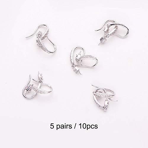Ph Pandahall 10 Pcs(5 Pairs) Brass Cubic Zirconia Earring Hooks Ear Wire Earring Posts Cup Pin Pearl Setting For Earring Finding, Platinum, Pin: 0.3Mm #TOP2
