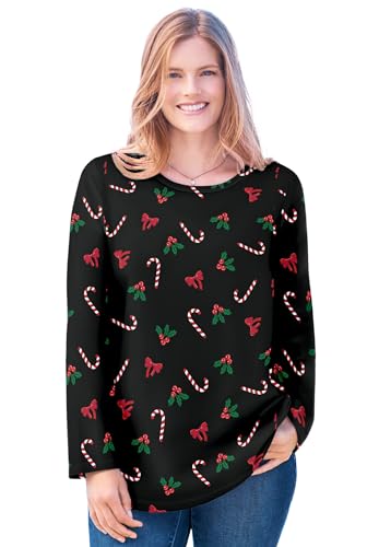 Woman Within Plus Size Perfect Printed Long-Sleeve Crewneck Tee