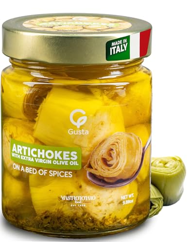 Gusta Artichokes in Olive Oil on a Bed of Spices - Made in Italy - Organic Artichokes Glass Jar with Extra Virgin Olive Oil - Non-GMO, All Natural - Perfect Snack - 9.88oz Glass Jar